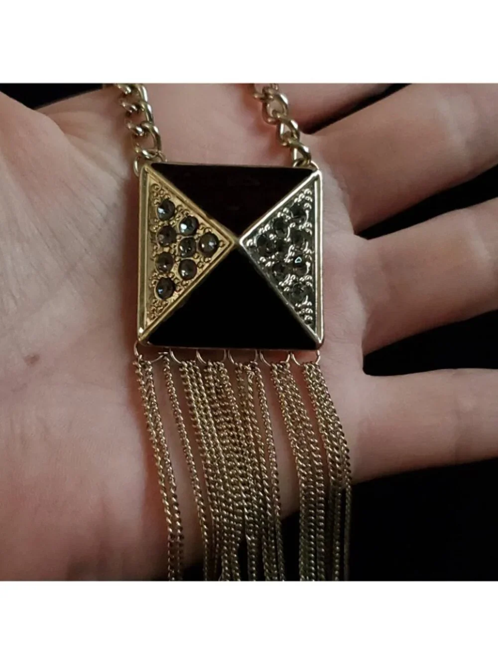 Waterfall Necklace Fringe Rhinestone Gold Tone Black Geometric 20